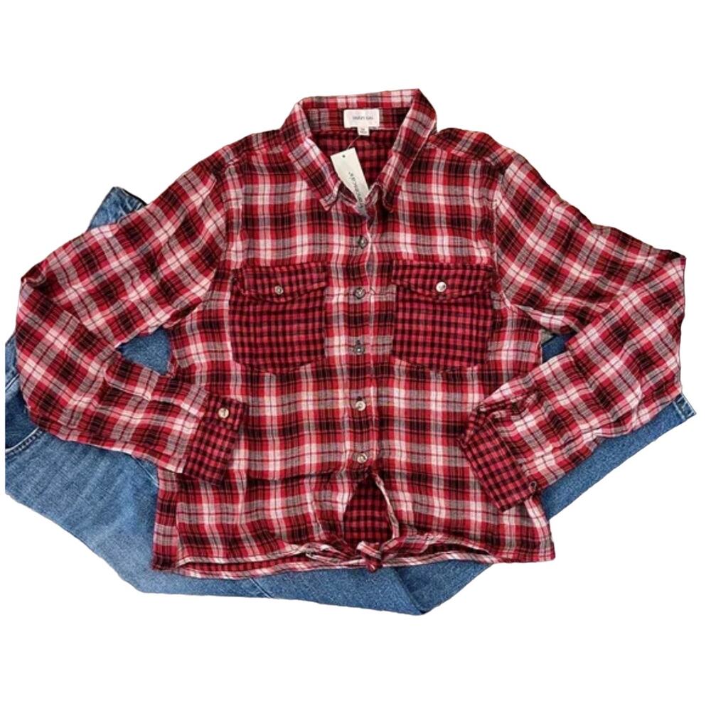 NWT Francesca's Dizzy Gal Red, Black & White Plaid Button Shirt